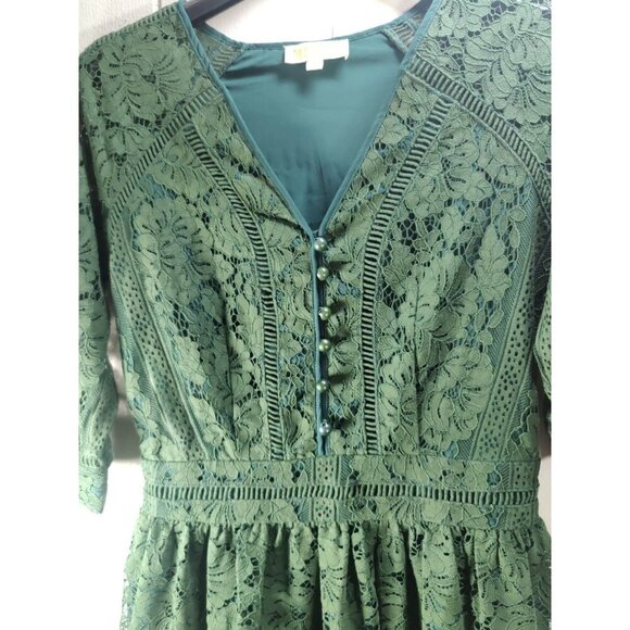 Metisu Dress Forest Green Ivy Lace Pattern Lined Overlay V-neck Size S - Picture 9 of 16